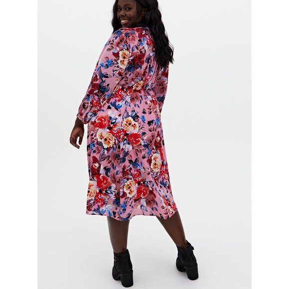 Torrid 1 Blush Pink Floral Georgette Midi Dress Keyhole Neck A Line 1X - Picture 2 of 11